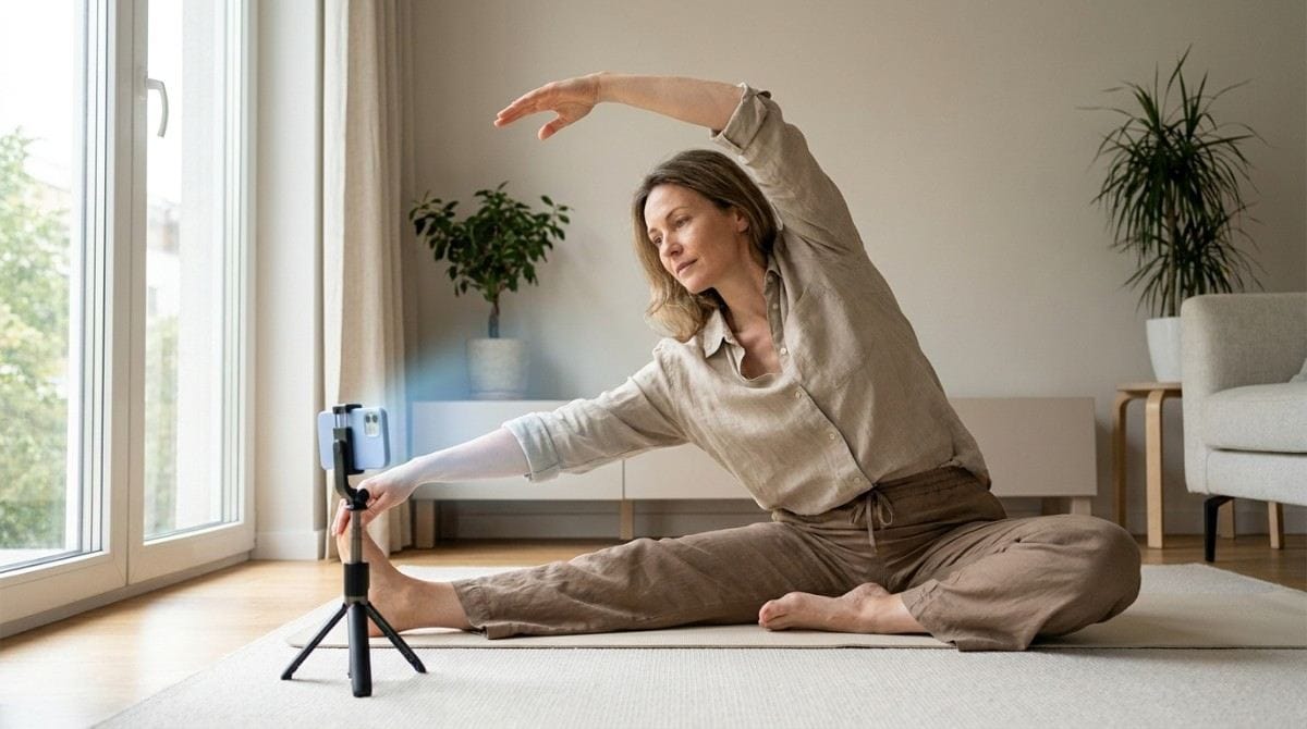 Woman performing a seated side stretch while recording posture with a smartphone