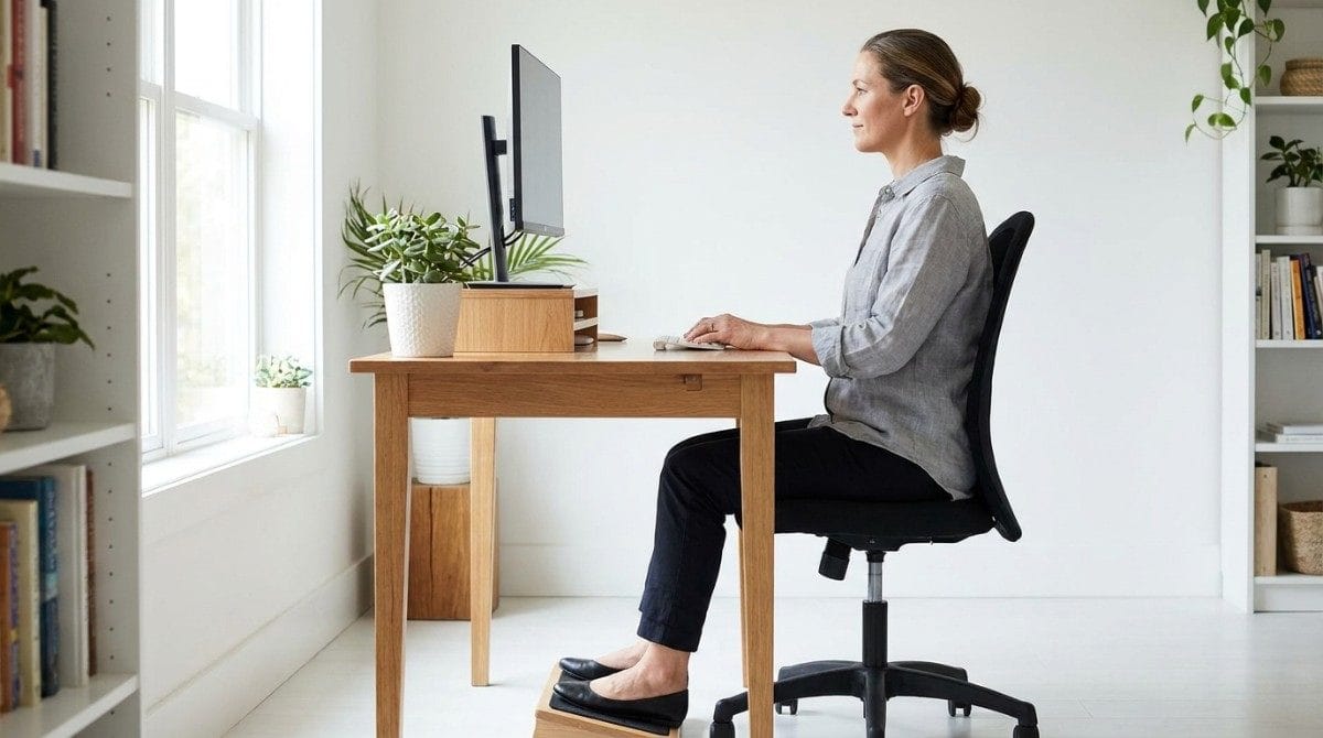 Woman sitting upright at an ergonomic desk with a monitor, adjustable chair, and footrest.
