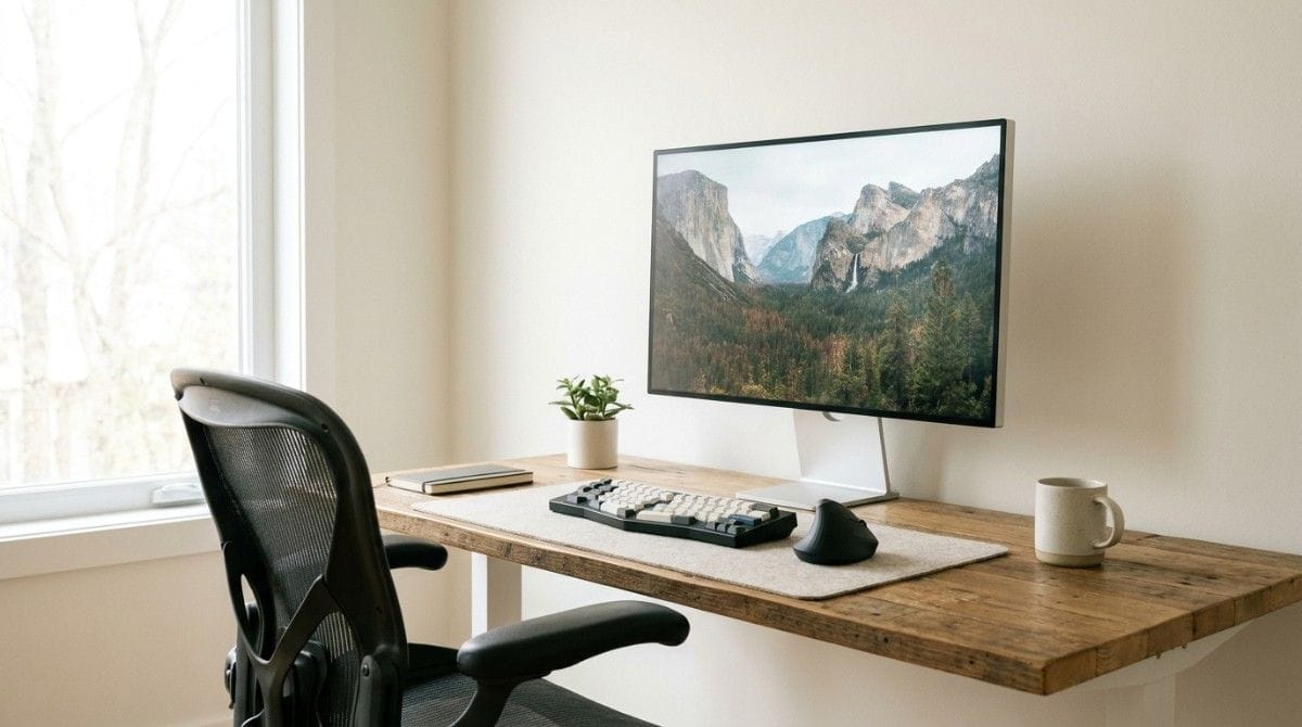 Ergonomic home office with monitor, keyboard, mouse, chair, and desk near a bright window.
