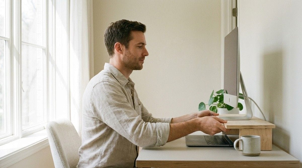 Man sitting upright at a desk with a monitor and laptop in a bright home office.