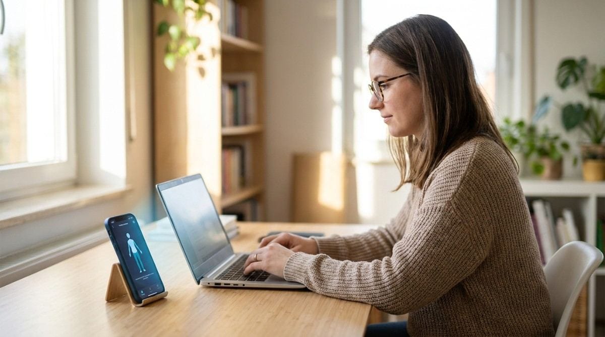 Woman working on laptop with a posture tracking device beside her in a bright home office.
