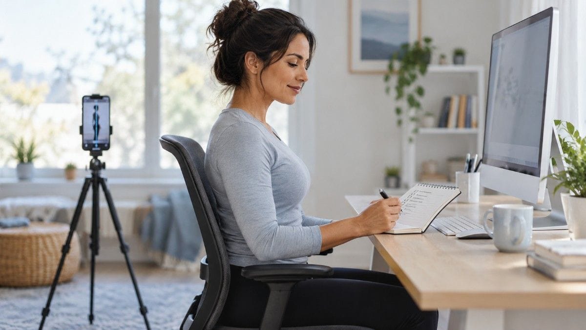 Woman sitting upright at her desk and completing a posture checklist while a smartphone tracks her alignment.