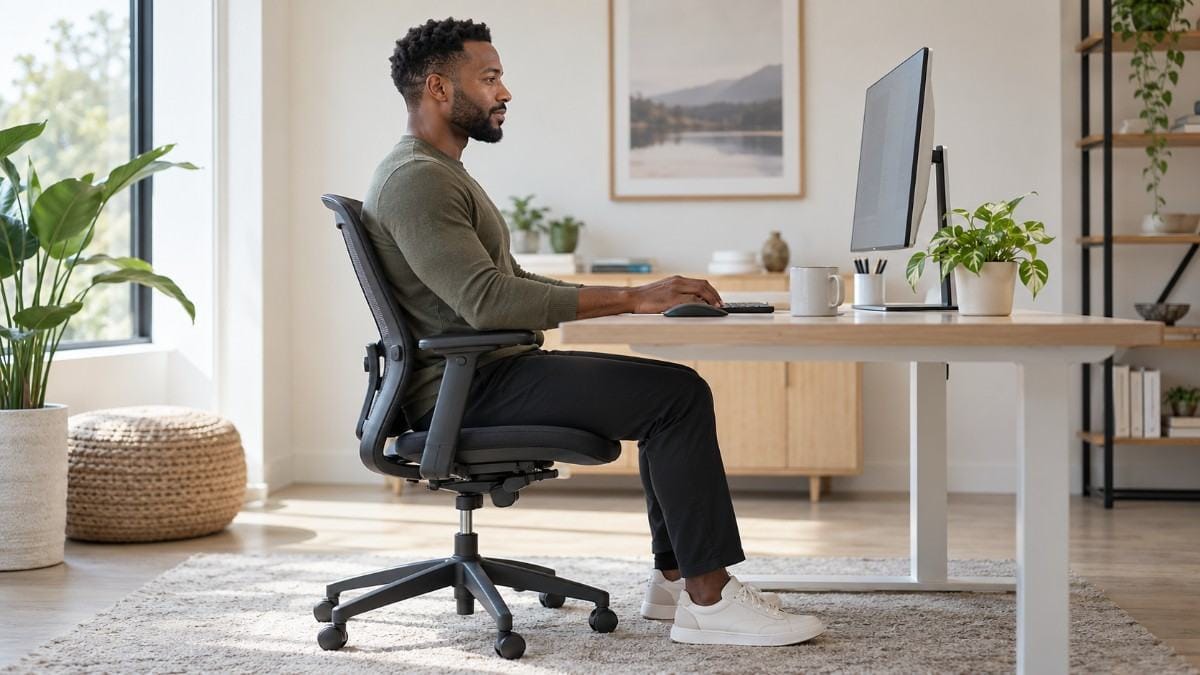 Man sitting in an ergonomic office chair at a desk with a monitor in a bright, plant-filled home office.