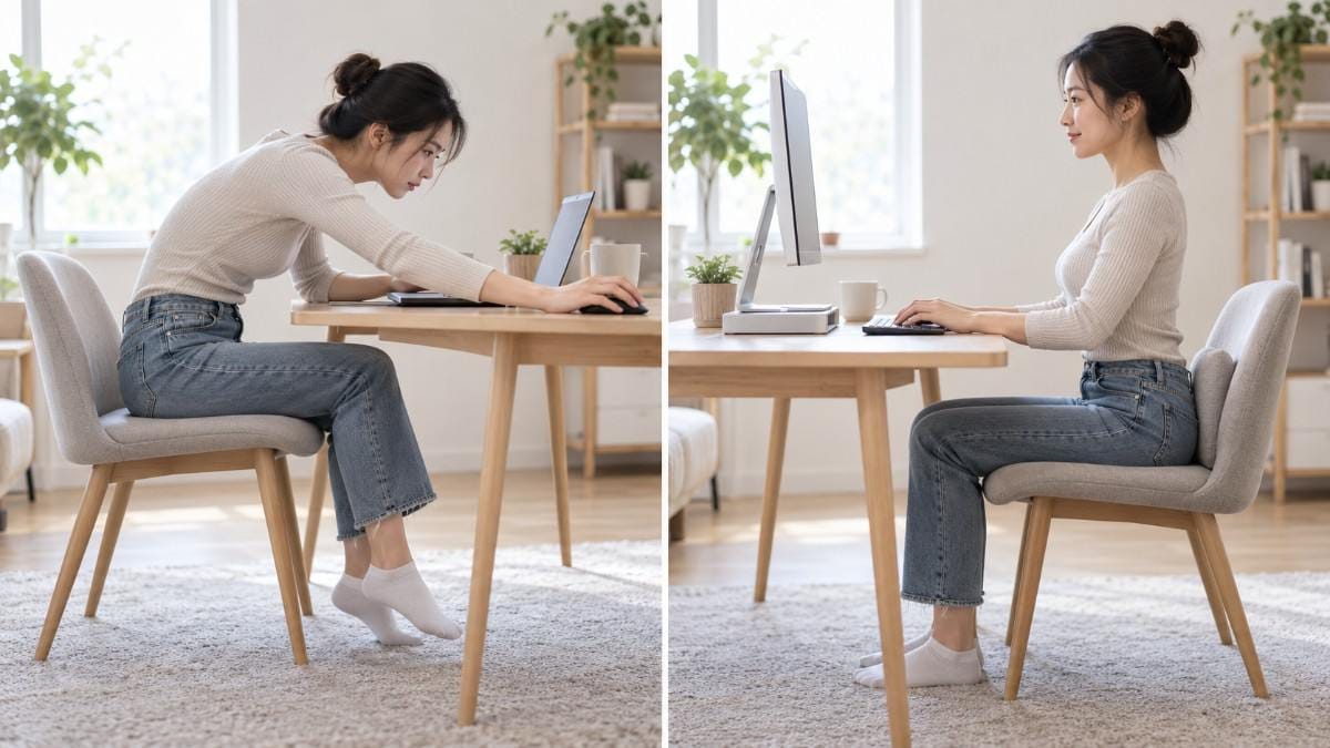 Side-by-side comparison of a woman slouching at a desk and sitting upright with proper posture.
