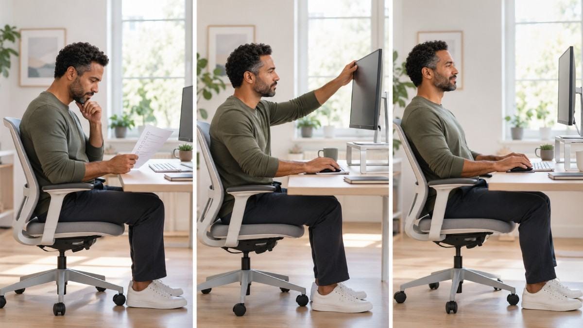 Three-step demonstration of a man checking his posture, adjusting his monitor height, and sitting correctly at his desk.