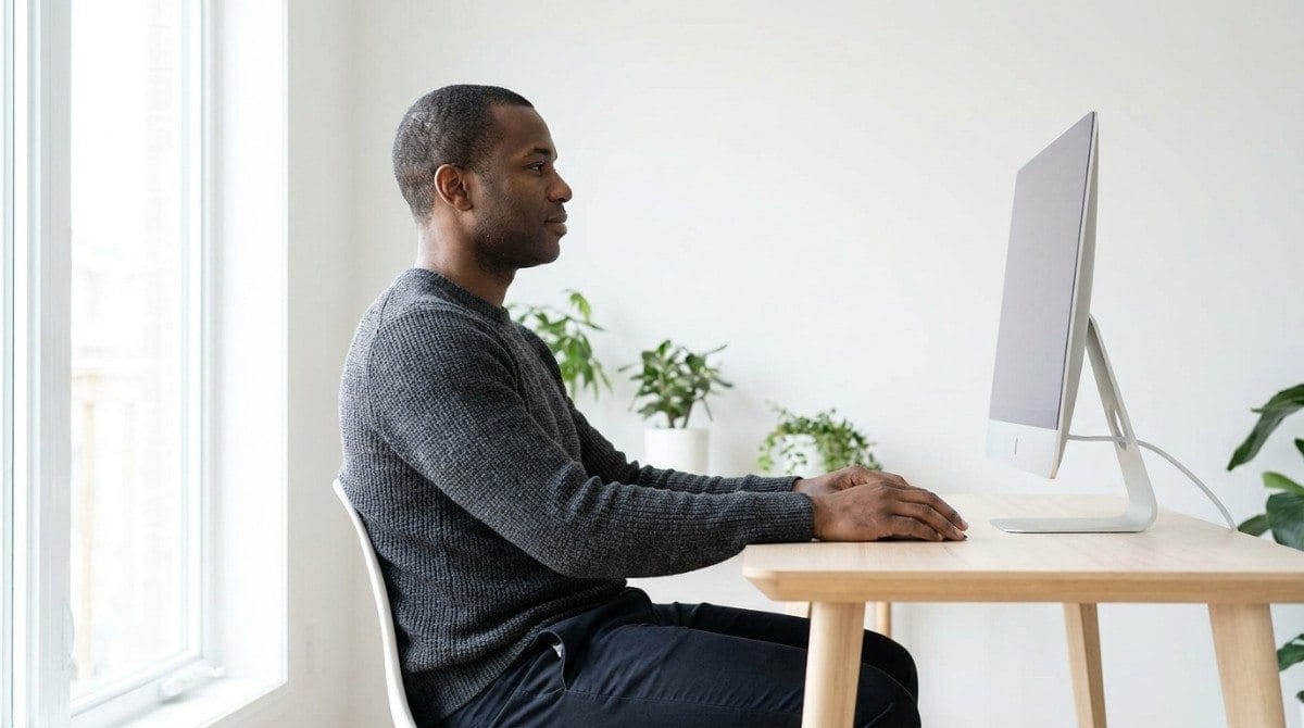 Man sitting upright at a desk with a properly positioned computer monitor.