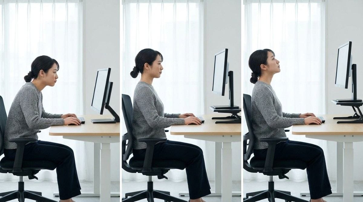 Three stages showing poor, neutral, and elevated monitor positioning for posture.
