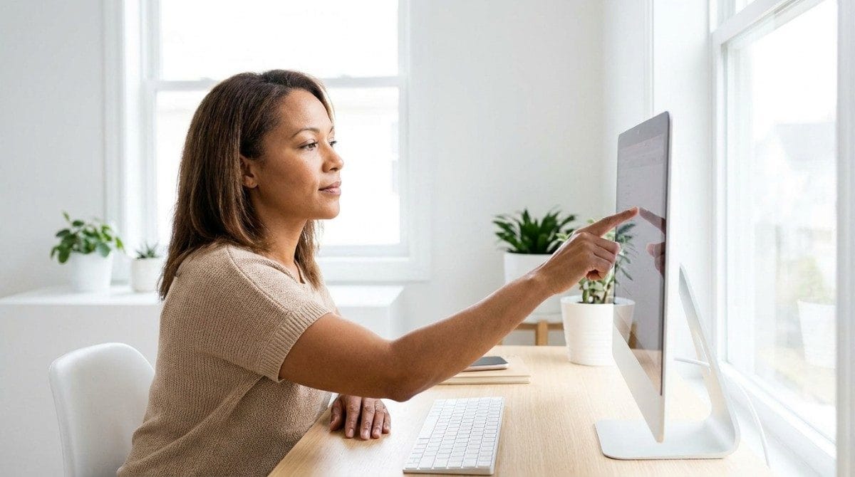 Woman adjusting a computer monitor at an ergonomic home office desk.