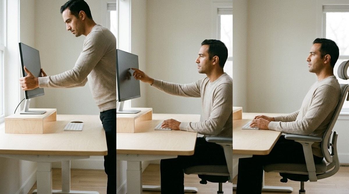 Three-step monitor setup showing adjustment from standing to proper seated position.