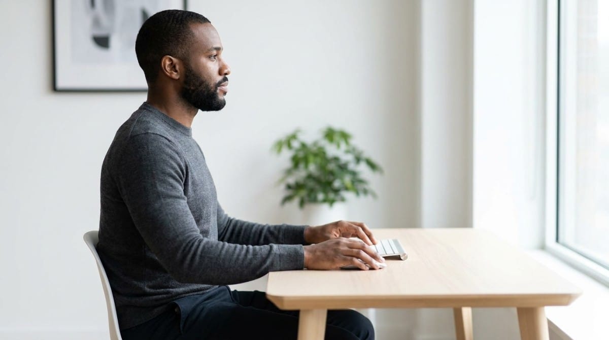 Man sitting upright while working at a desk with proper posture.