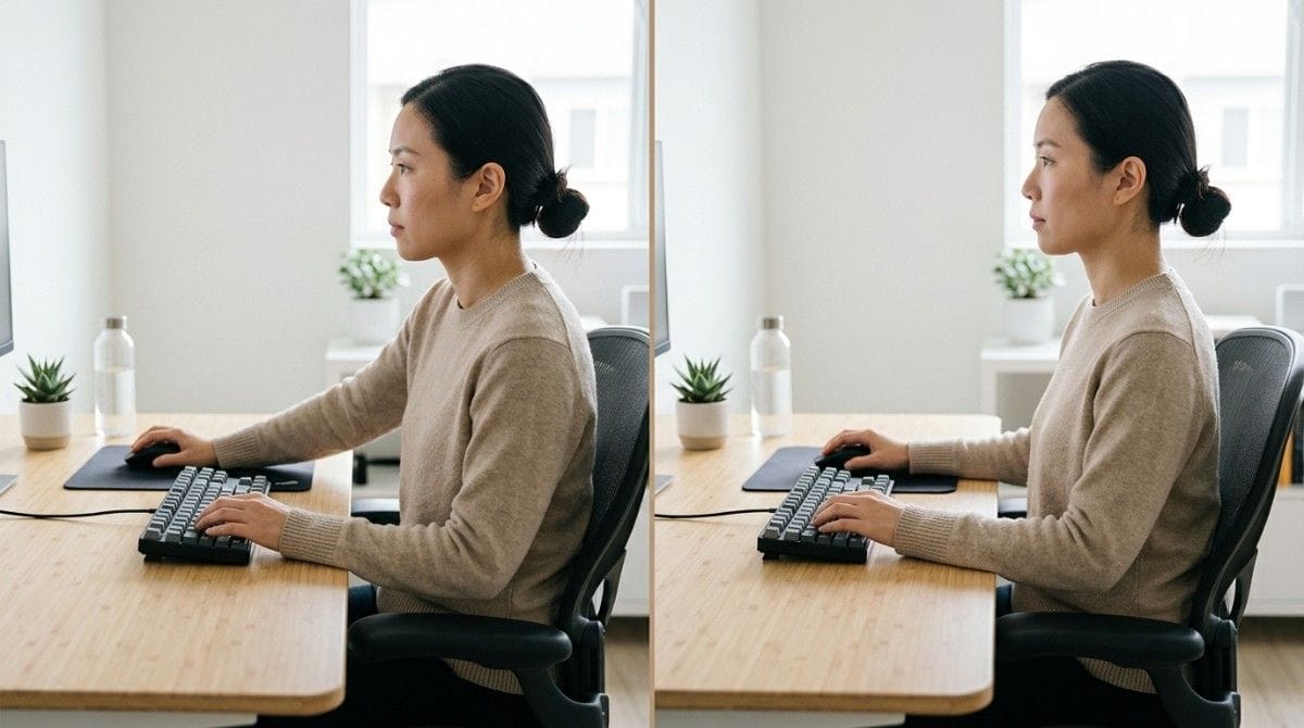 Woman sitting upright at a desk with proper ergonomic posture.