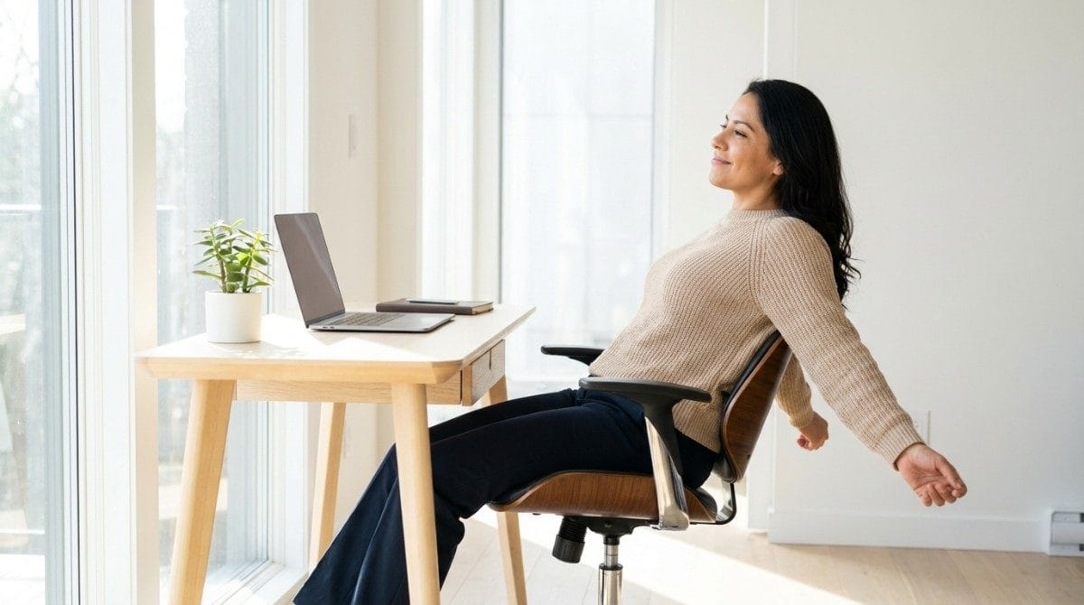 Woman stretching backward in an office chair during a work break.