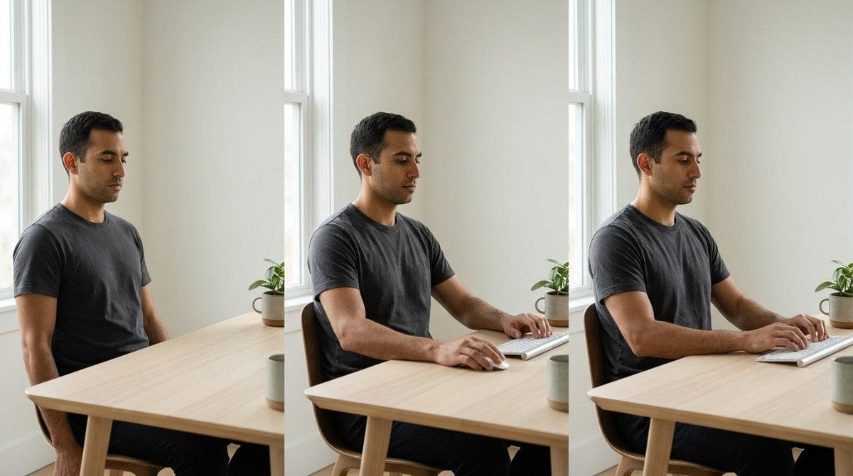 Three-step guide showing a man adjusting his seated posture at a desk.