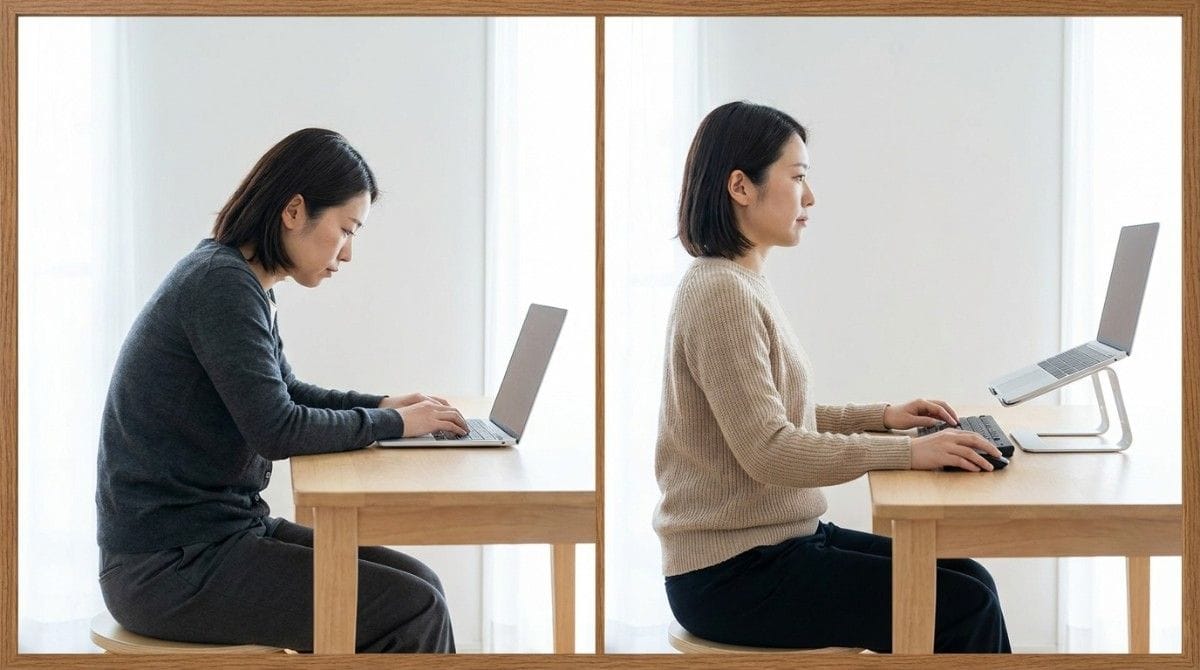 Side-by-side comparison of a woman working with a low laptop screen and an elevated laptop stand for better posture.