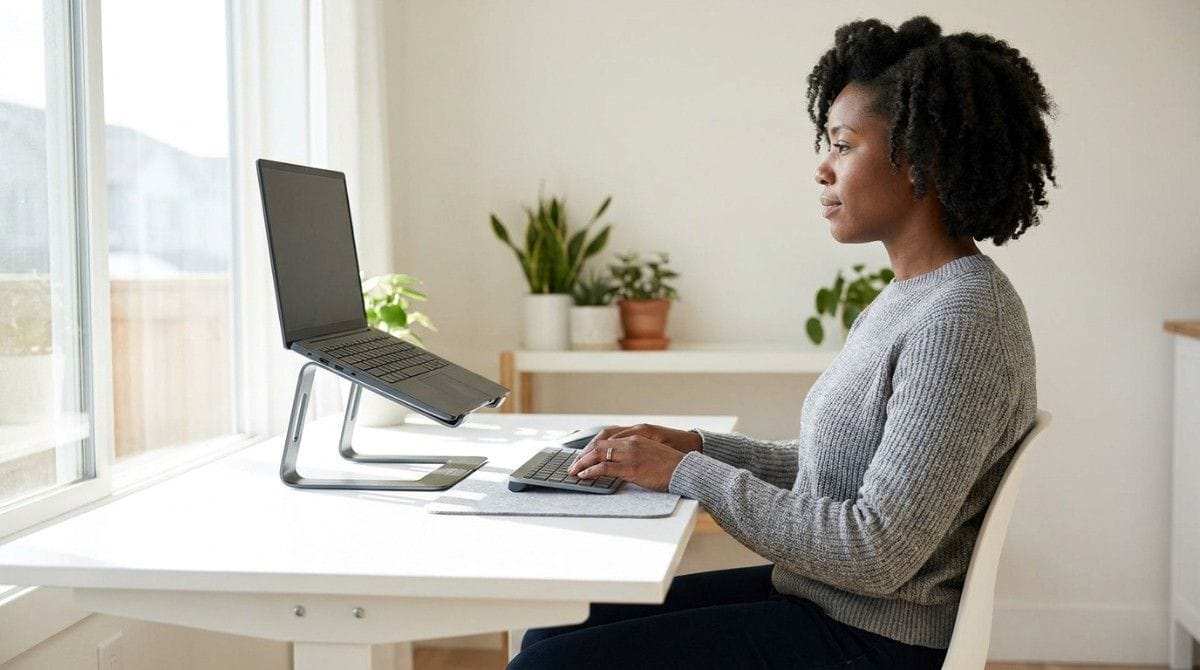 Woman working with an elevated laptop stand and external keyboard for improved desk ergonomics.