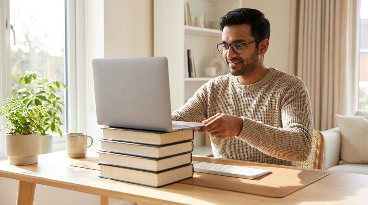 Man using a laptop elevated on stacked books to improve screen height at a home office desk.