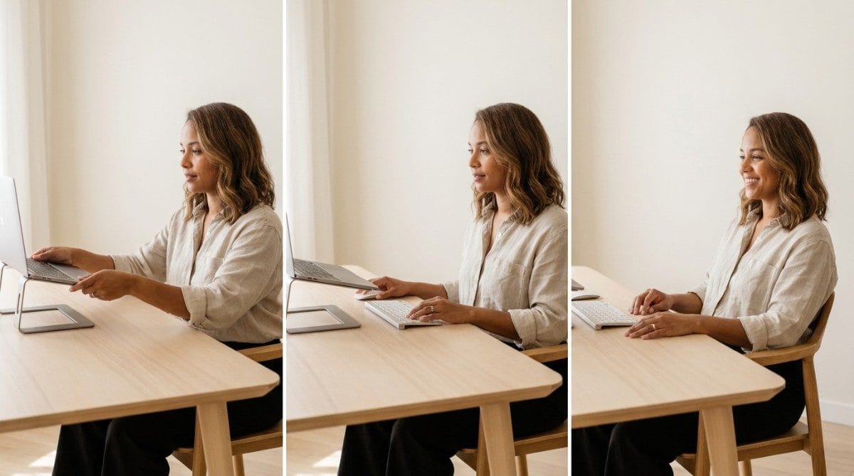 Three-panel sequence showing a woman adjusting her laptop and keyboard setup for an ergonomic workspace.