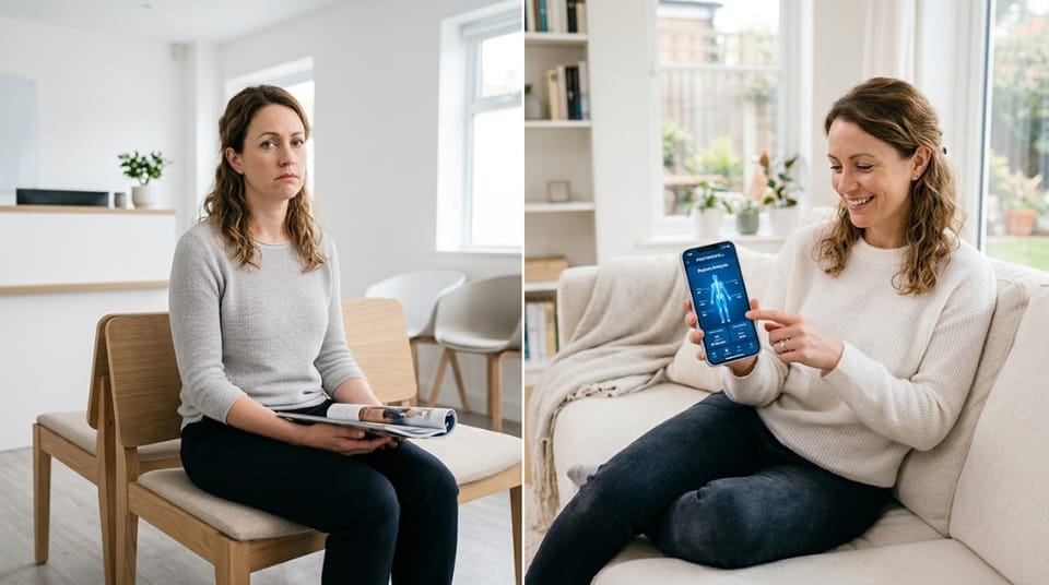 Woman sitting with a neutral expression holding a magazine compared to smiling while using a smartphone posture app showing personalized body alignment insights.