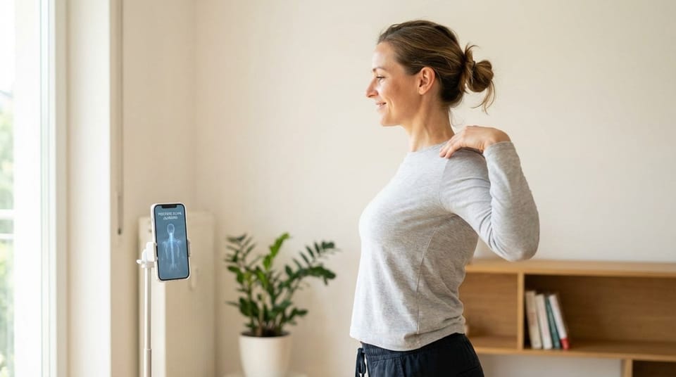 Woman standing upright using a posture correction device or app to maintain proper spine alignment and shoulder posture.