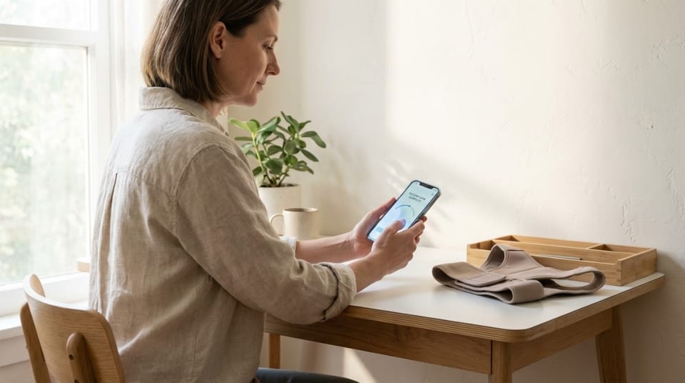 Woman sitting at a desk checking posture tracking app on smartphone with back support brace nearby.