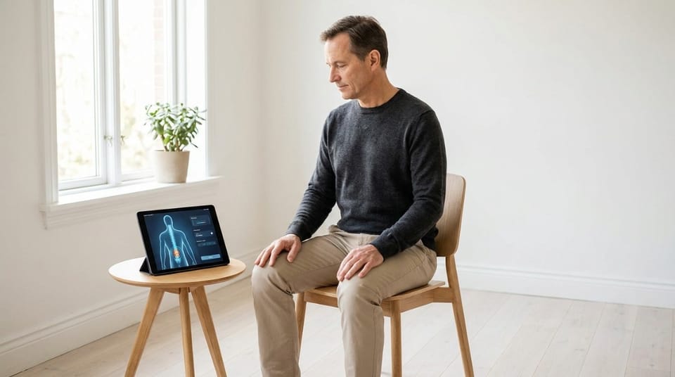 Middle-aged man sitting upright on a chair in a bright room, following a spinal exercise or posture correction routine using a tablet displaying a human spine diagram.