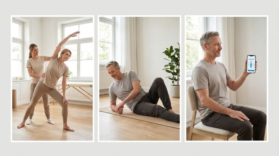 Physiotherapist assisting a middle-aged woman with resistance band exercises in a clinical rehabilitation setting.
