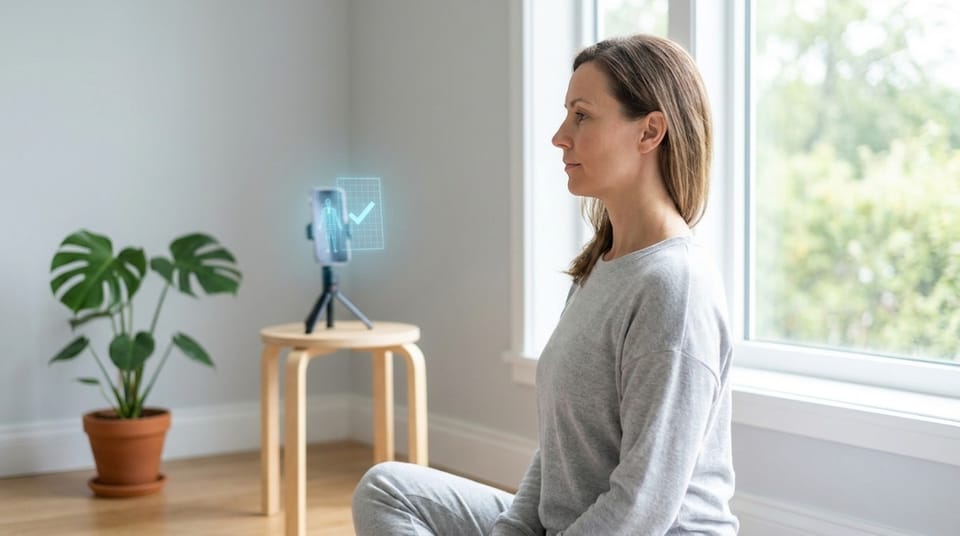 Woman sitting upright near a window using a smartphone posture app with virtual alignment guide for neck and spine correction.