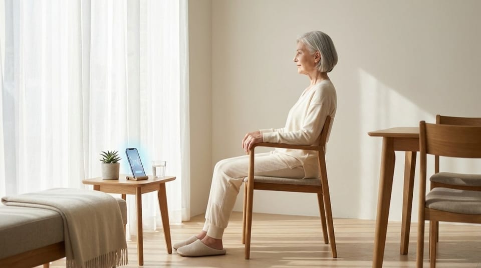 Senior woman sitting upright on a wooden chair with correct posture, hands resting on armrests in a well-lit room.