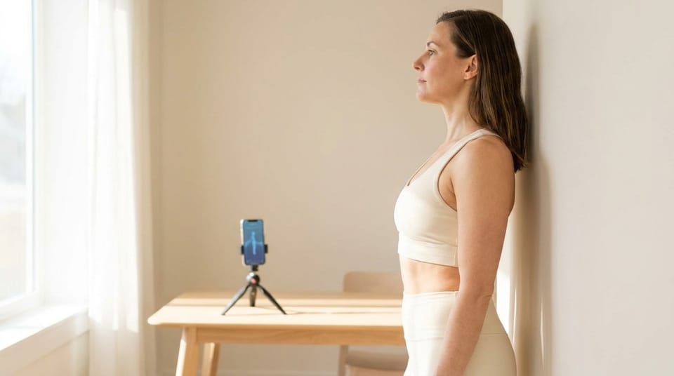 Woman standing straight against a wall doing a posture correction exercise with a smartphone on a tripod in a bright room.