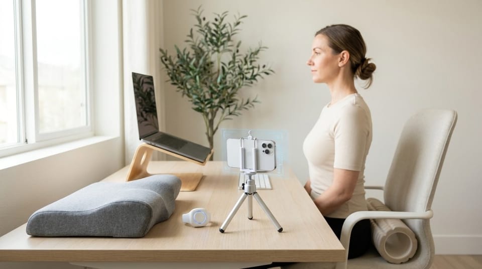 Woman sitting upright at a desk with an ergonomic laptop stand, neck support cushion, and posture tracking device in a bright home office.
