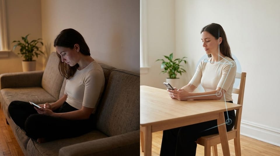 Side-by-side comparison of a woman using a smartphone with slouched posture on the left and corrected upright sitting posture with alignment guide overlay on the right.