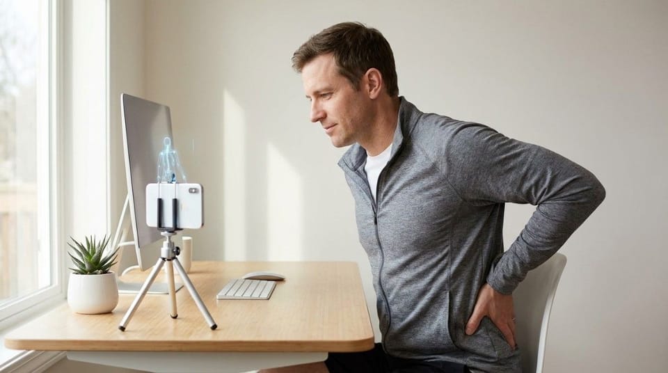 Man sitting at a desk holding his lower back in pain while looking at a computer screen in a home office setup.