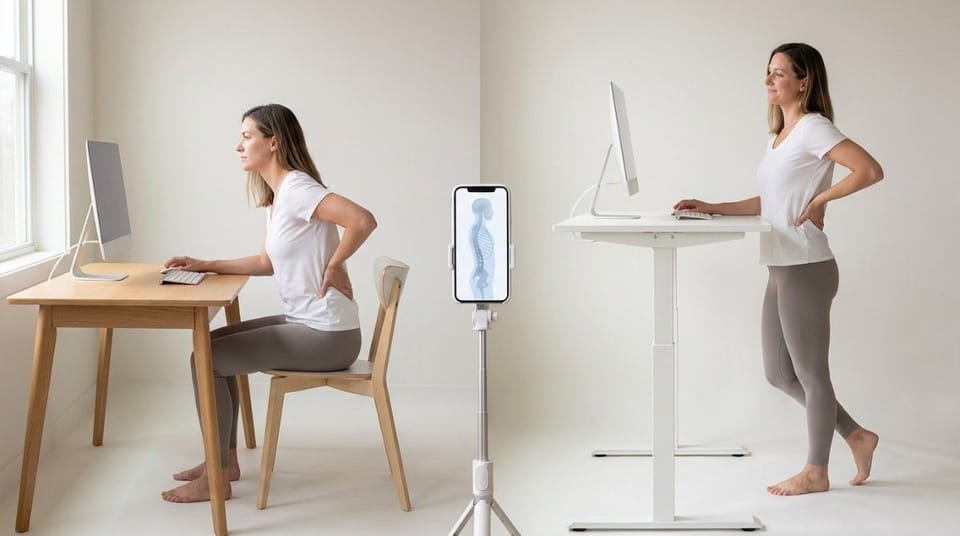 Woman comparing sitting and standing desk postures beside a smartphone displaying spine alignment in a clean workspace.