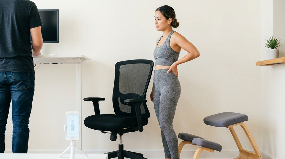 Person standing beside an ergonomic office chair, standing desk, and kneeling chair in a minimalist workspace while assessing different ergonomic seating options.