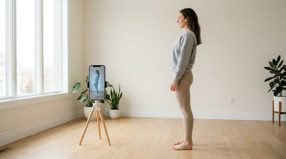 Person standing in a bright room while a smartphone on a tripod analyzes posture and body alignment.