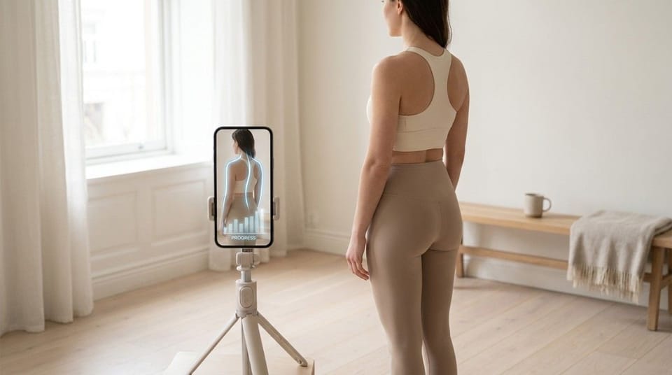 A person stands in a bright room while a smartphone on a tripod displays posture tracking data and a visual progress indicator.