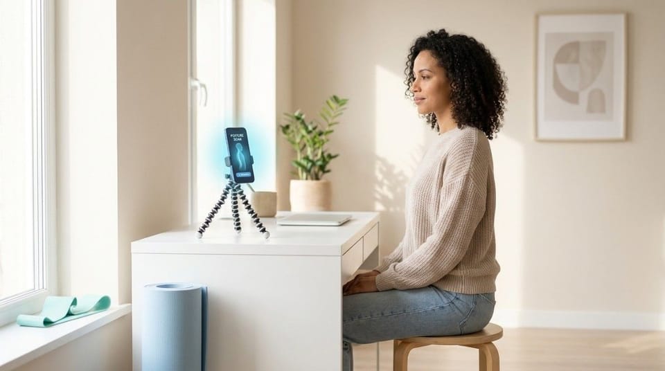 Person sitting upright at a desk while a smartphone on a tripod performs an AI posture scan.
