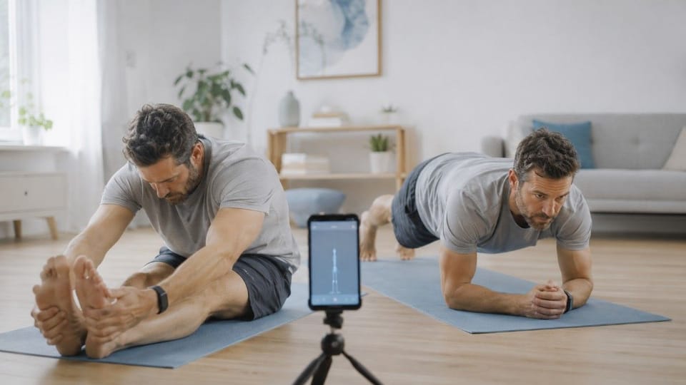 Person stretching hamstrings and holding a forearm plank during a guided home workout for back pain relief.