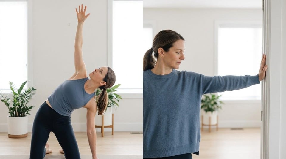 Woman performing a side-bend thoracic stretch and a doorway shoulder mobility exercise in a bright room.