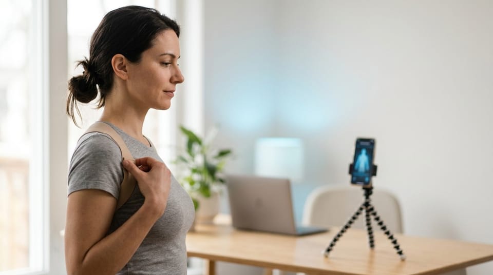 Woman adjusting a posture brace strap while standing in front of a smartphone on a tripod.