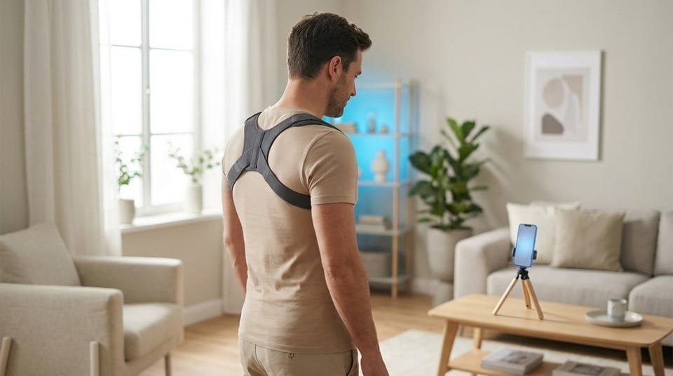 Man wearing a back posture brace while standing in a living room with a smartphone on a tripod.