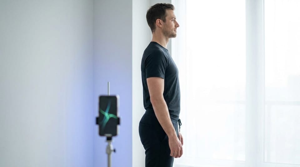 Man standing sideways while a smartphone on a tripod records his posture.