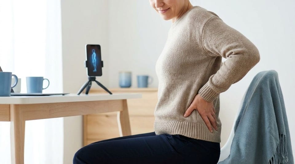 Woman sitting near a table and holding her lower back, indicating possible back discomfort.