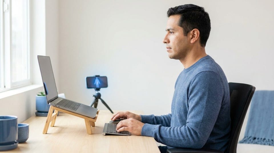 Man using a laptop elevated on stacked books to improve screen height at a home office desk.